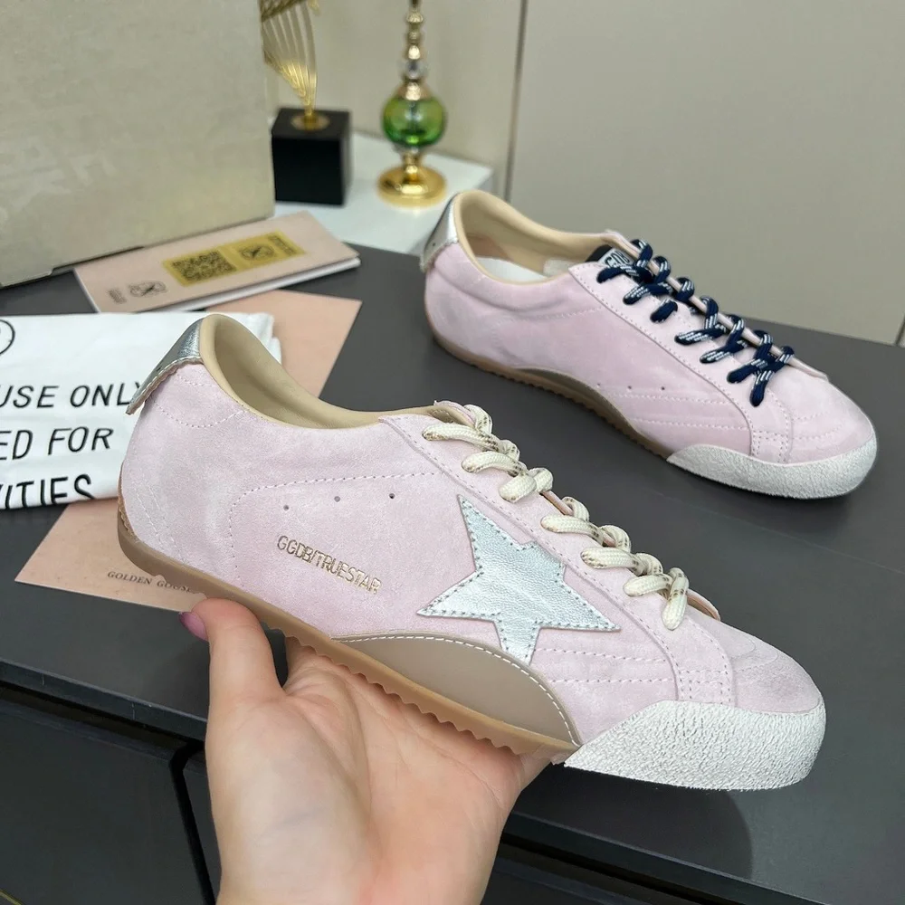 Golden Goose Pink Suede Sneakers with Navy Laces